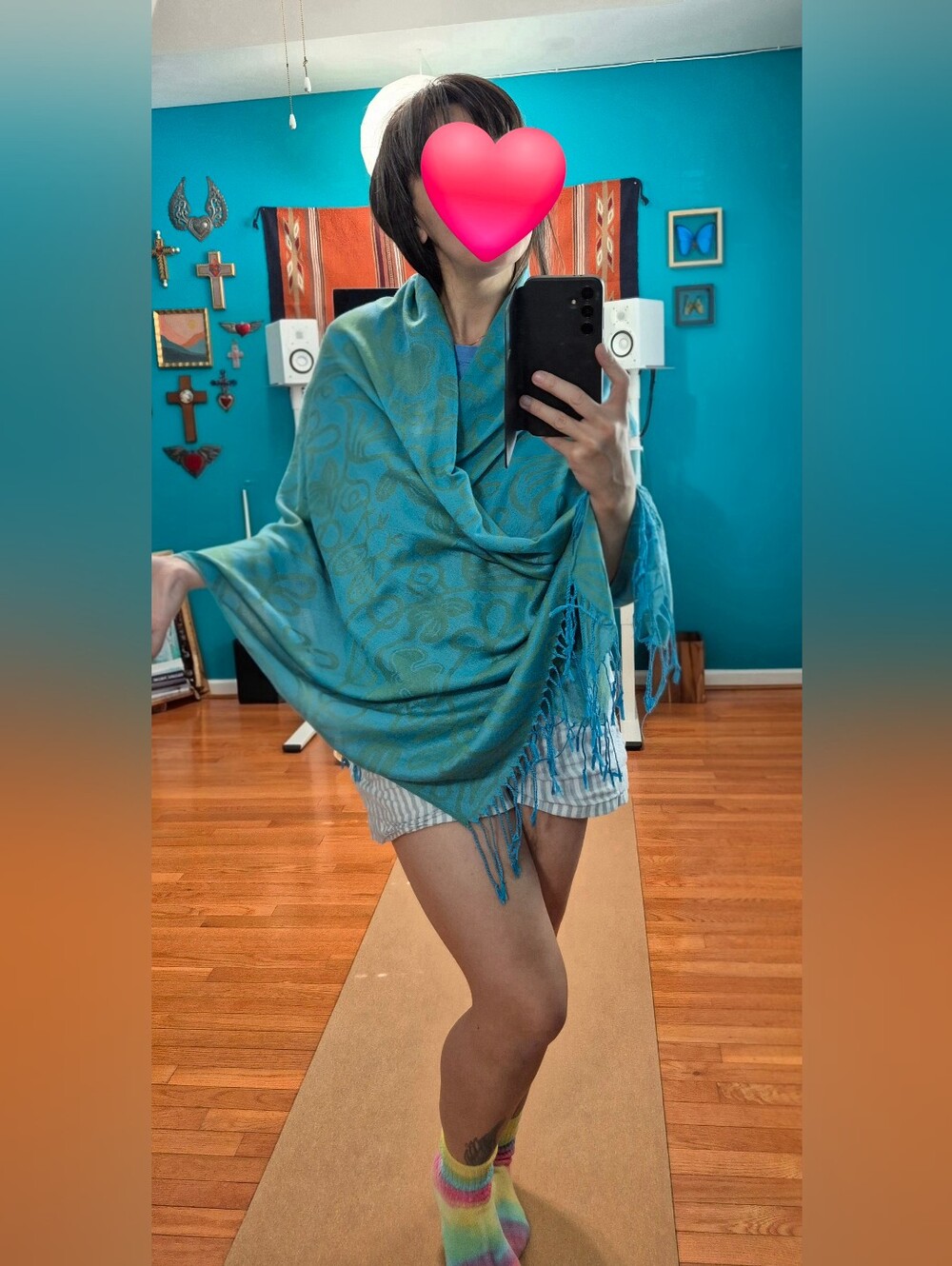 Turquoise Patterned Fringe Shawl Wrap Scarf